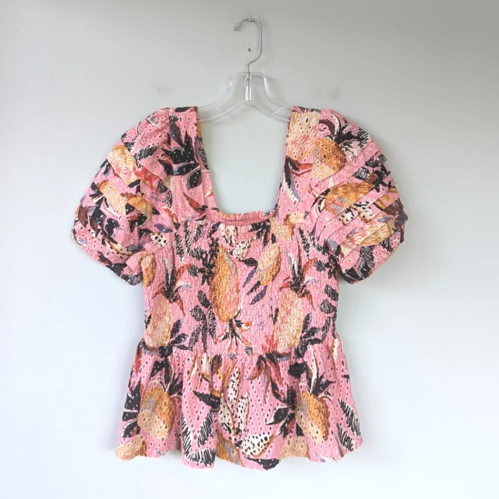 FARM Rio Pink Floral Smocked Puff-Sleeve Blouse